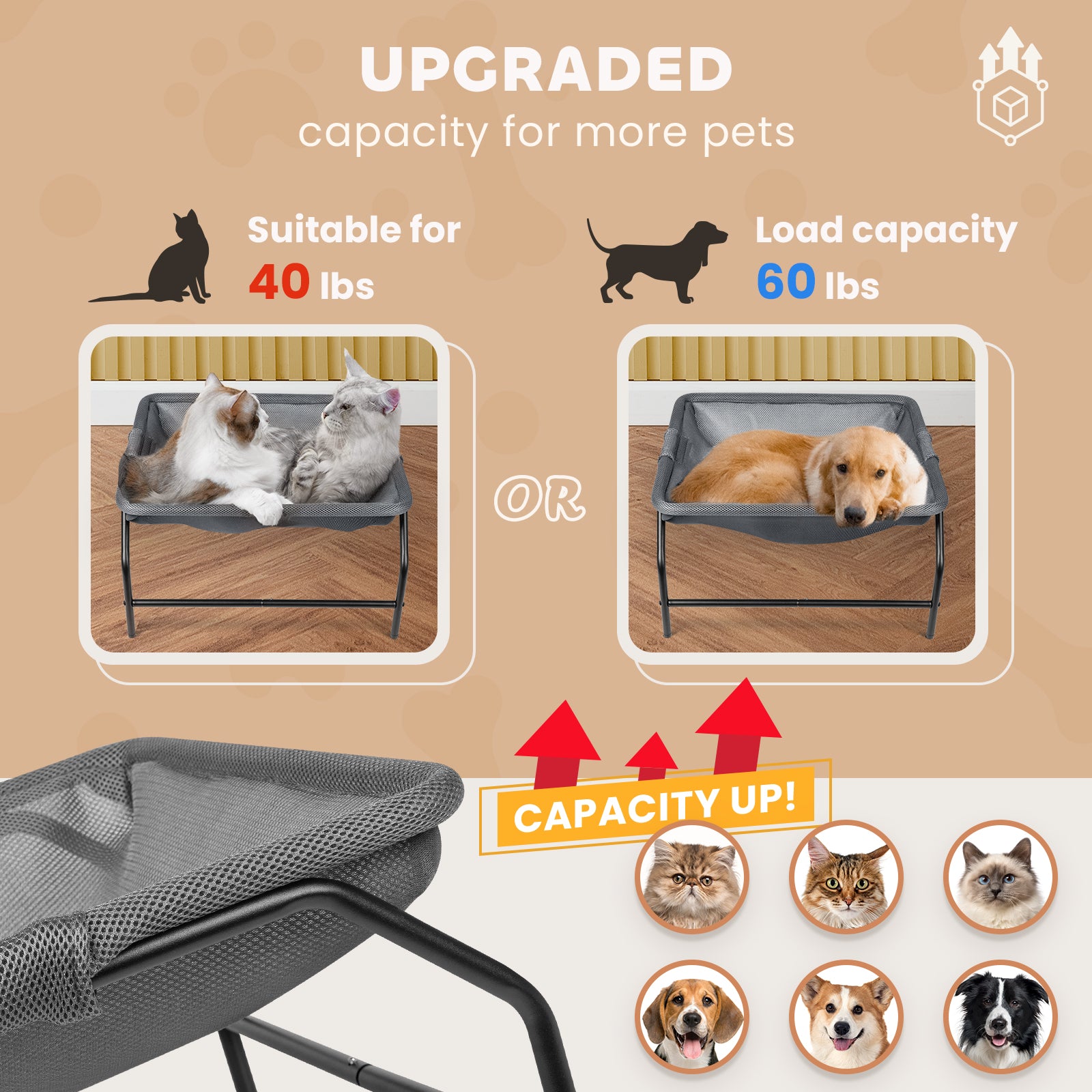 Large Square Cat Hammock Bed, Free-Standing Detachable Pet Bed, Easy Assembly Indoor Outdoor - Gray