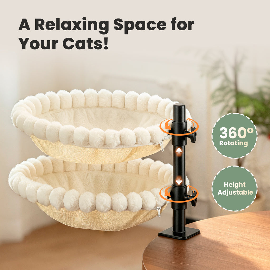 Double Cat Desk Bed, 360° Rotation, Holds 44lb, Adjustable, White