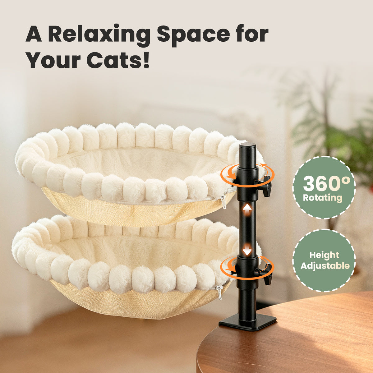 Double Cat Desk Bed, 360° Rotation, Holds 44lb, Adjustable, White