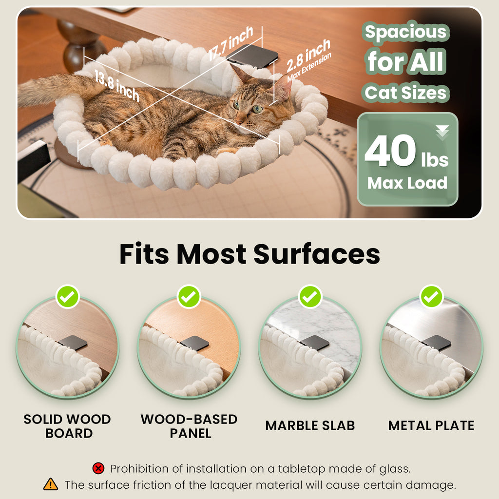Cat Desk Bed, One-Click Folding, Holds 40lb, White+One Clip