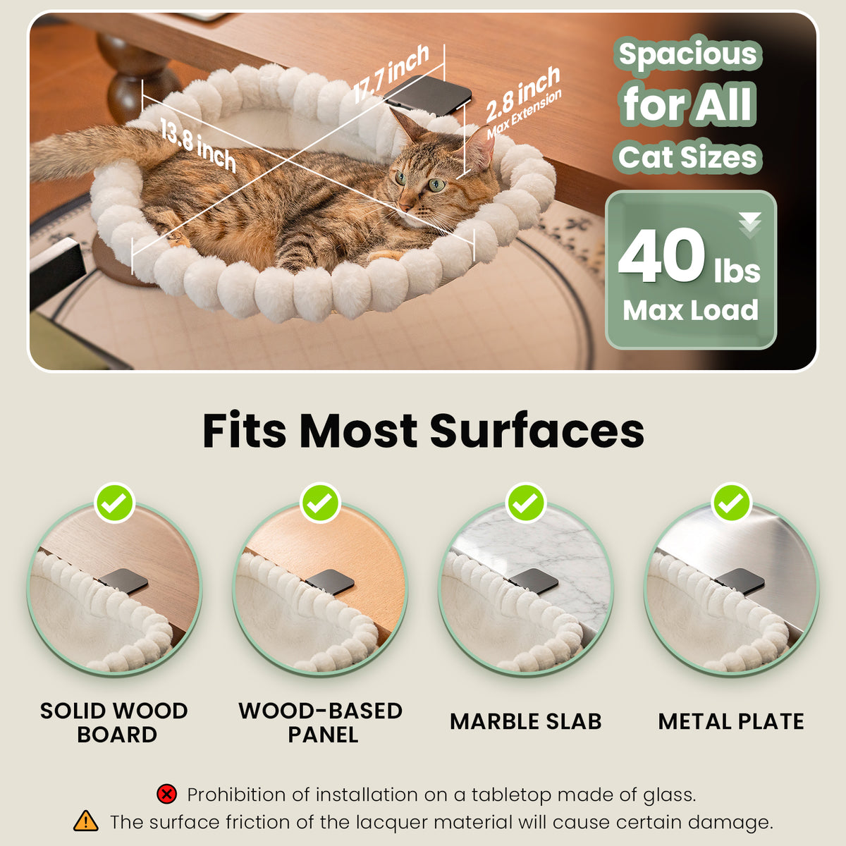 Cat Desk Bed, One-Click Folding, Holds 40lb, White+One Clip