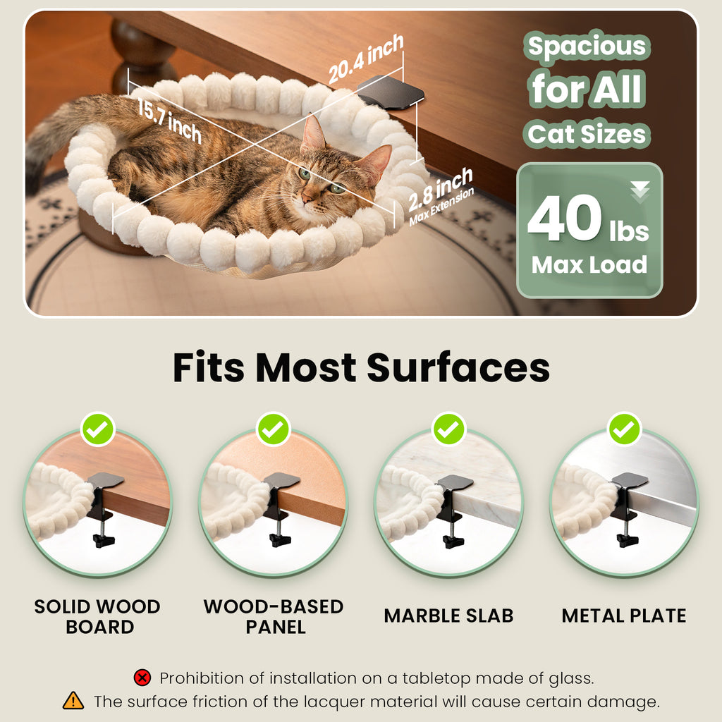 Cat Desk Bed, Rotatable Soft Cat Perch, Holds 40lb, White+One Clip
