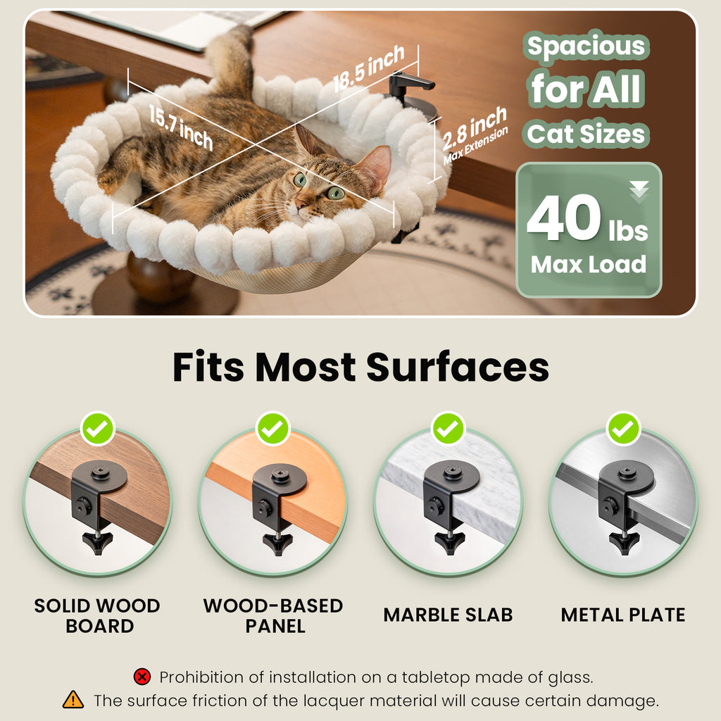 Cat Desk Bed, 2-in-1 Design, Soft Perch, Holds 40lb White+One Clip