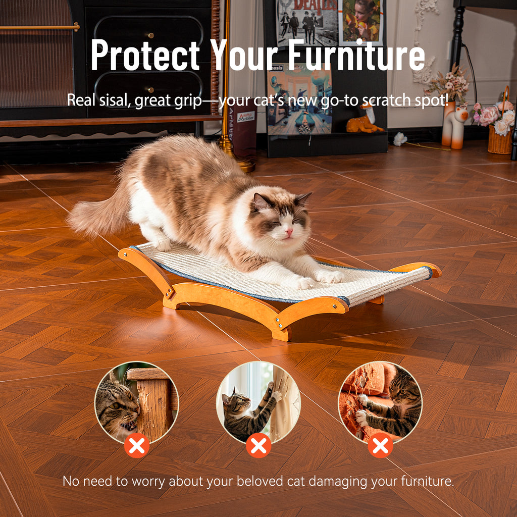 Sisal Cat Scratcher Bed, Solid Wood Cat Hammock Lounger for Large Indoor Cats, Natural Durable Scratching Board Furniture Easy Assembly