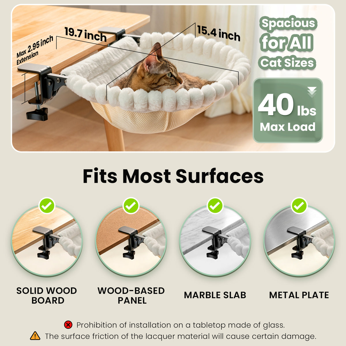 Cat Desk Bed, One-Click Folding, Holds 40lb, White+Two Clips
