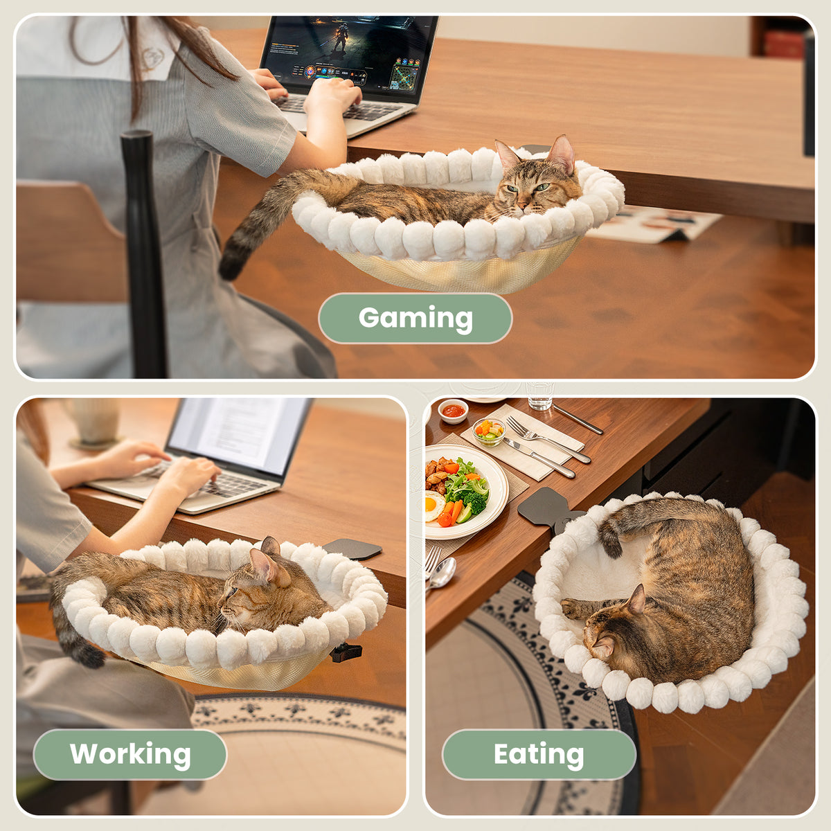Cat Desk Bed, Rotatable Soft Cat Perch, Holds 40lb, White+One Clip