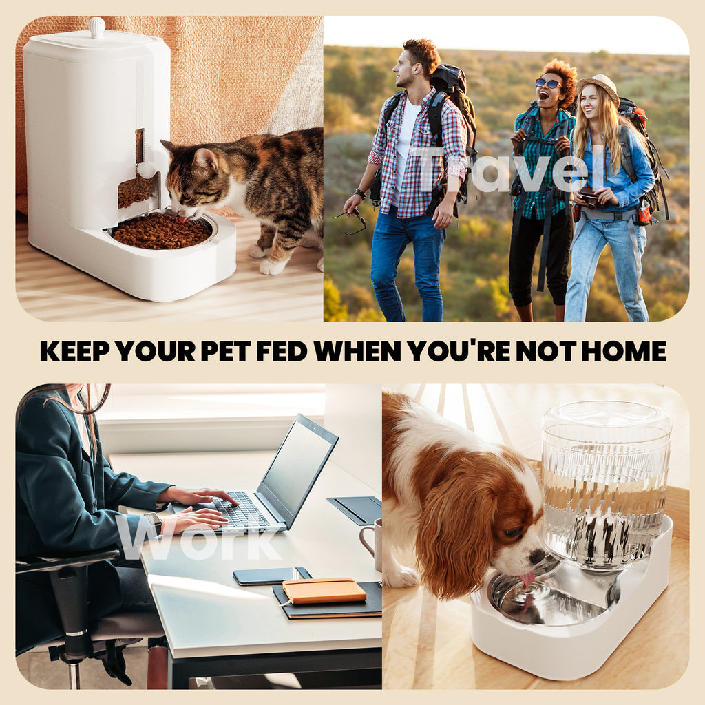 Automatic Pet Feeder & Water Dispenser Set, Stainless Steel Bowl Adjustable Dry Food Feeder for Cats Dogs