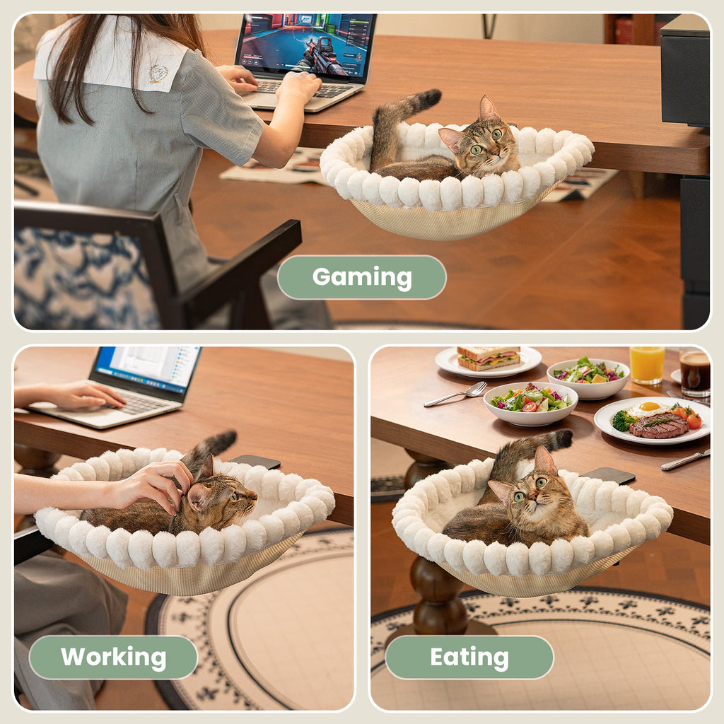 Cat Desk Bed, One-Click Folding, Holds 40lb, White+One Clip