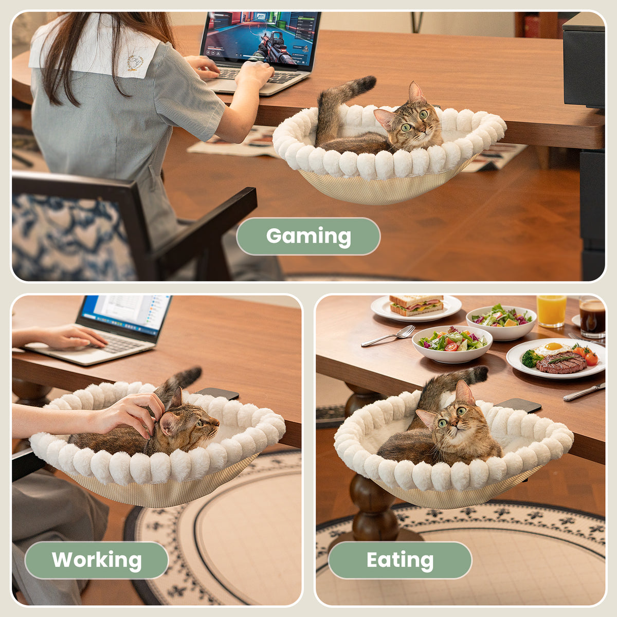 Cat Desk Bed, One-Click Folding, Holds 40lb, White+One Clip