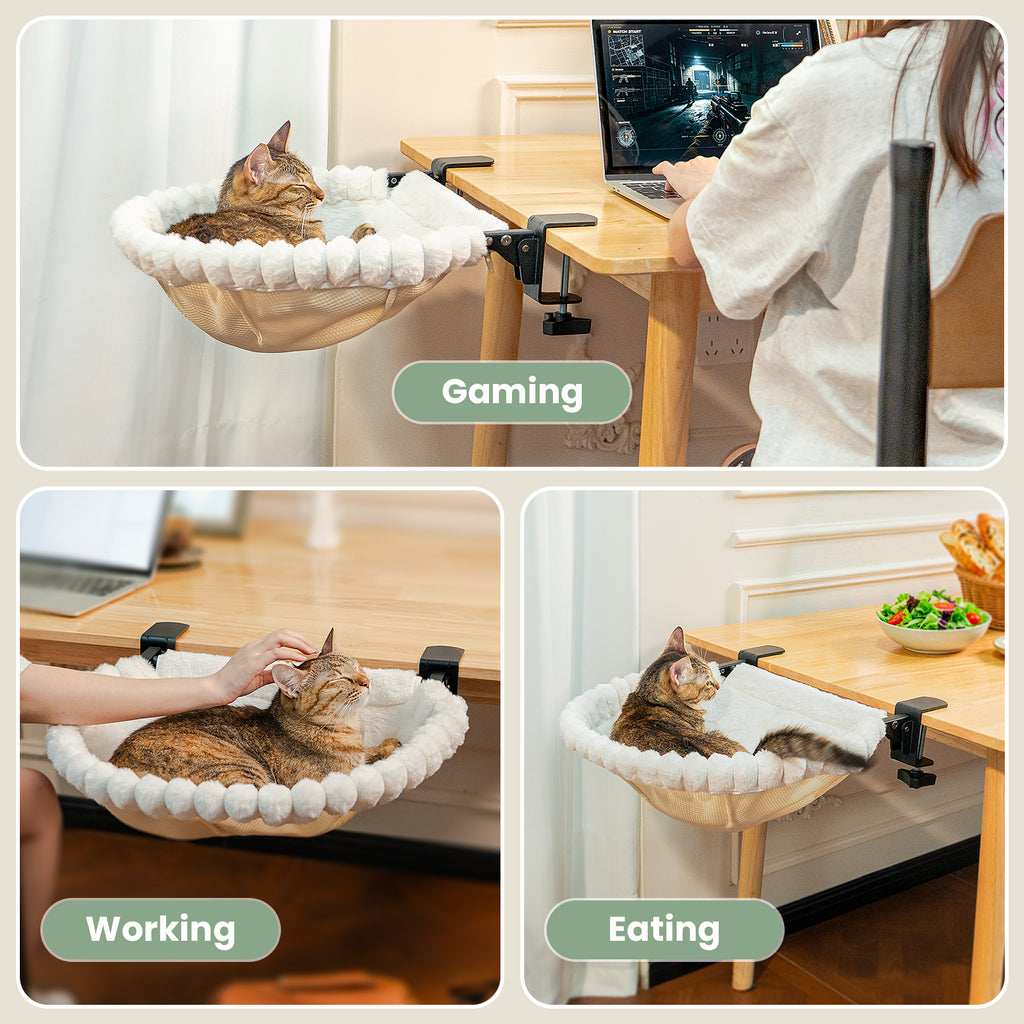 Cat Desk Bed, One-Click Folding, Holds 40lb, White+Two Clips