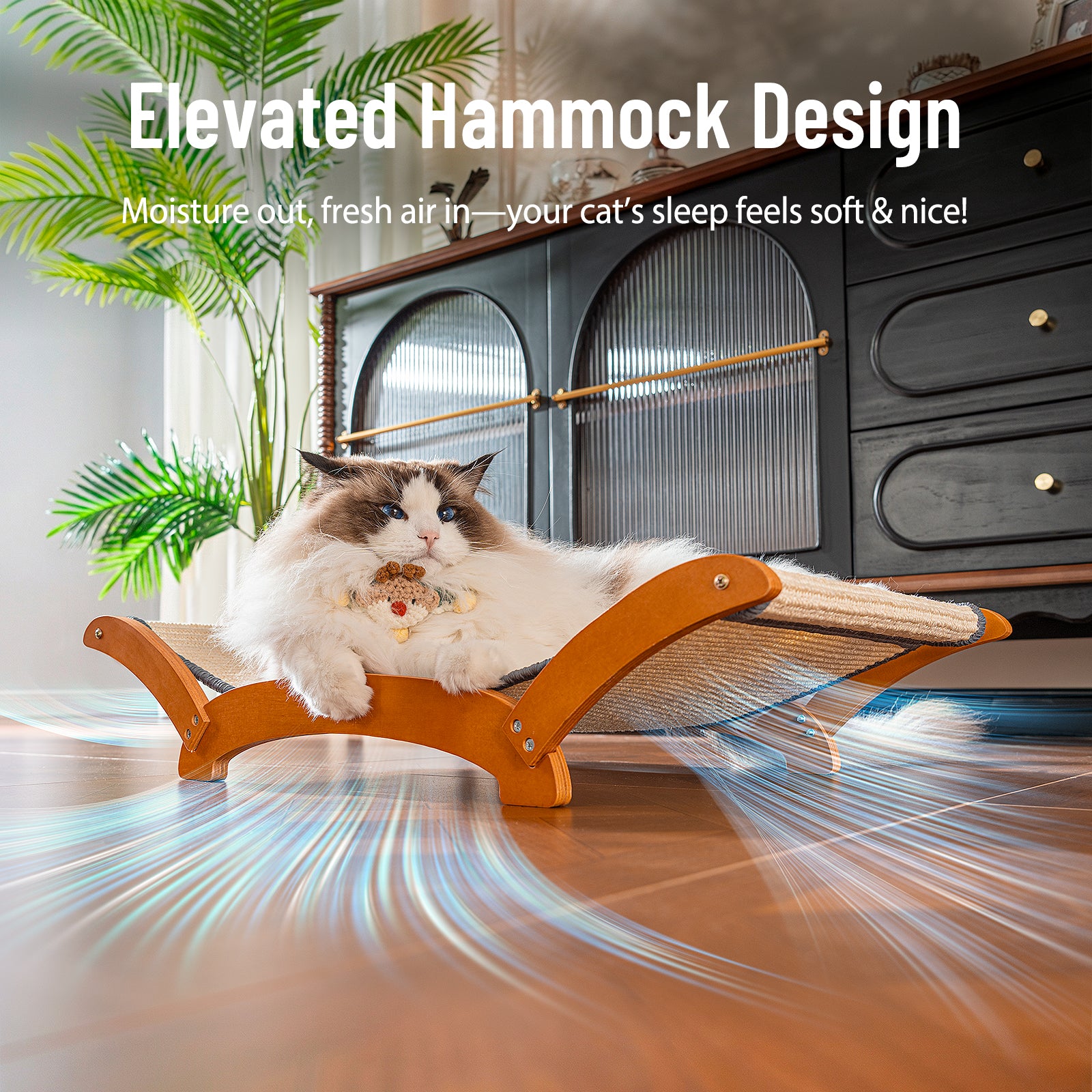 Sisal Cat Scratcher Bed, Solid Wood Cat Hammock Lounger for Large Indoor Cats, Natural Durable Scratching Board Furniture Easy Assembly