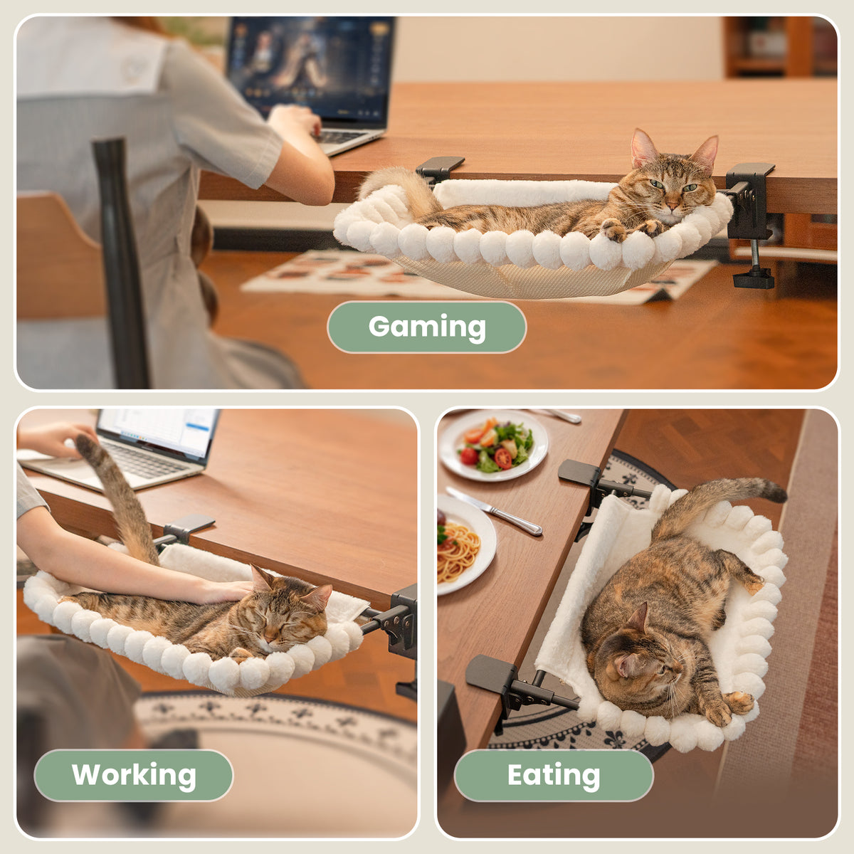Cat Desk Bed, One-Click Fold, Holds Up to 40lb, White+2 Clips