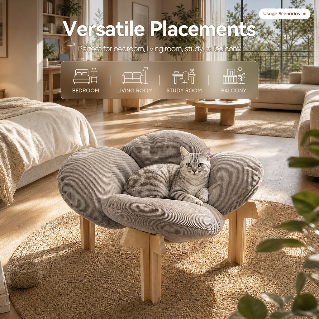 Wooden Elevated Cat Bed with Fluffy Cushion, Raised Pet Sofa Lounge Chair for Indoor Cats & Small Puppies