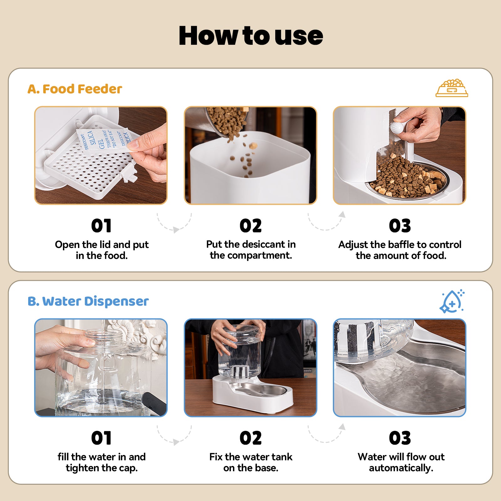 Automatic Pet Feeder & Water Dispenser Set, Stainless Steel Bowl Adjustable Dry Food Feeder for Cats Dogs