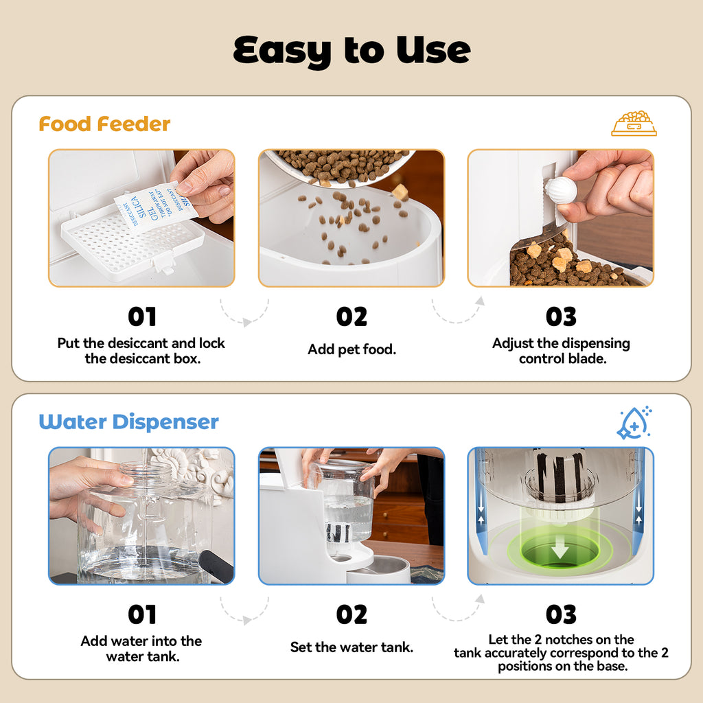 2-in-1 Automatic Cat Feeder Water Dispenser, Stainless Steel Bowls Large Capacity White