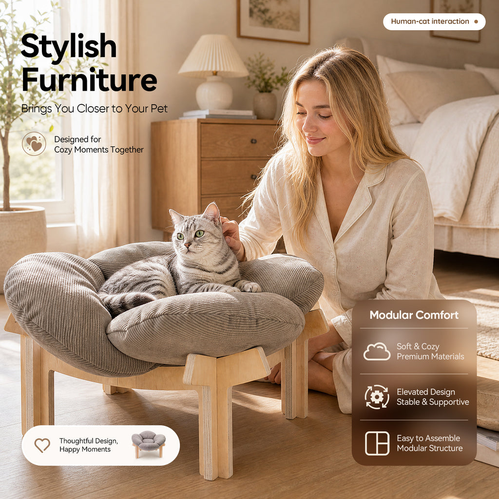 Wooden Elevated Cat Bed with Fluffy Cushion, Raised Pet Sofa Lounge Chair for Indoor Cats & Small Puppies