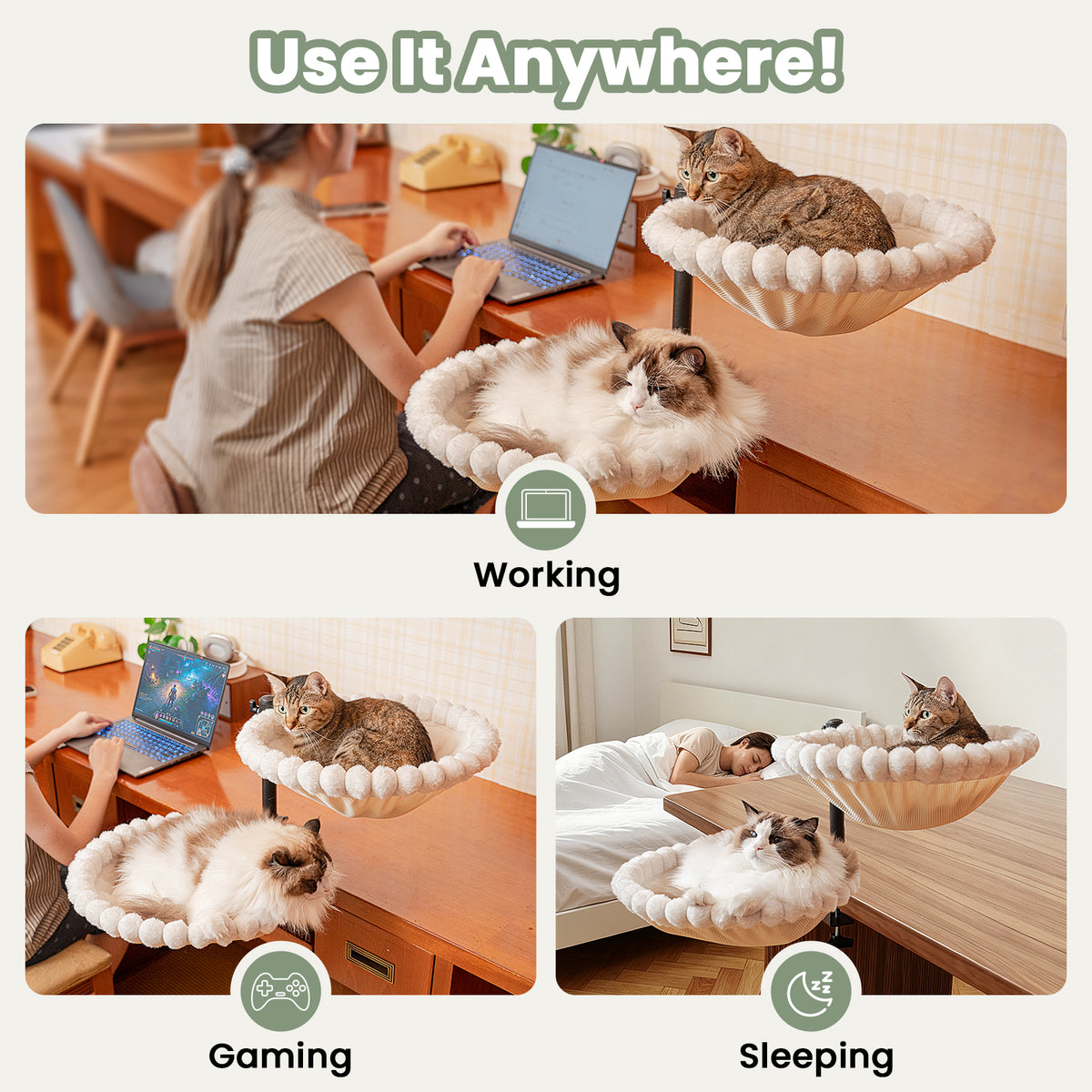 Double Cat Desk Bed, 360° Rotation, Holds 44lb, Adjustable, White