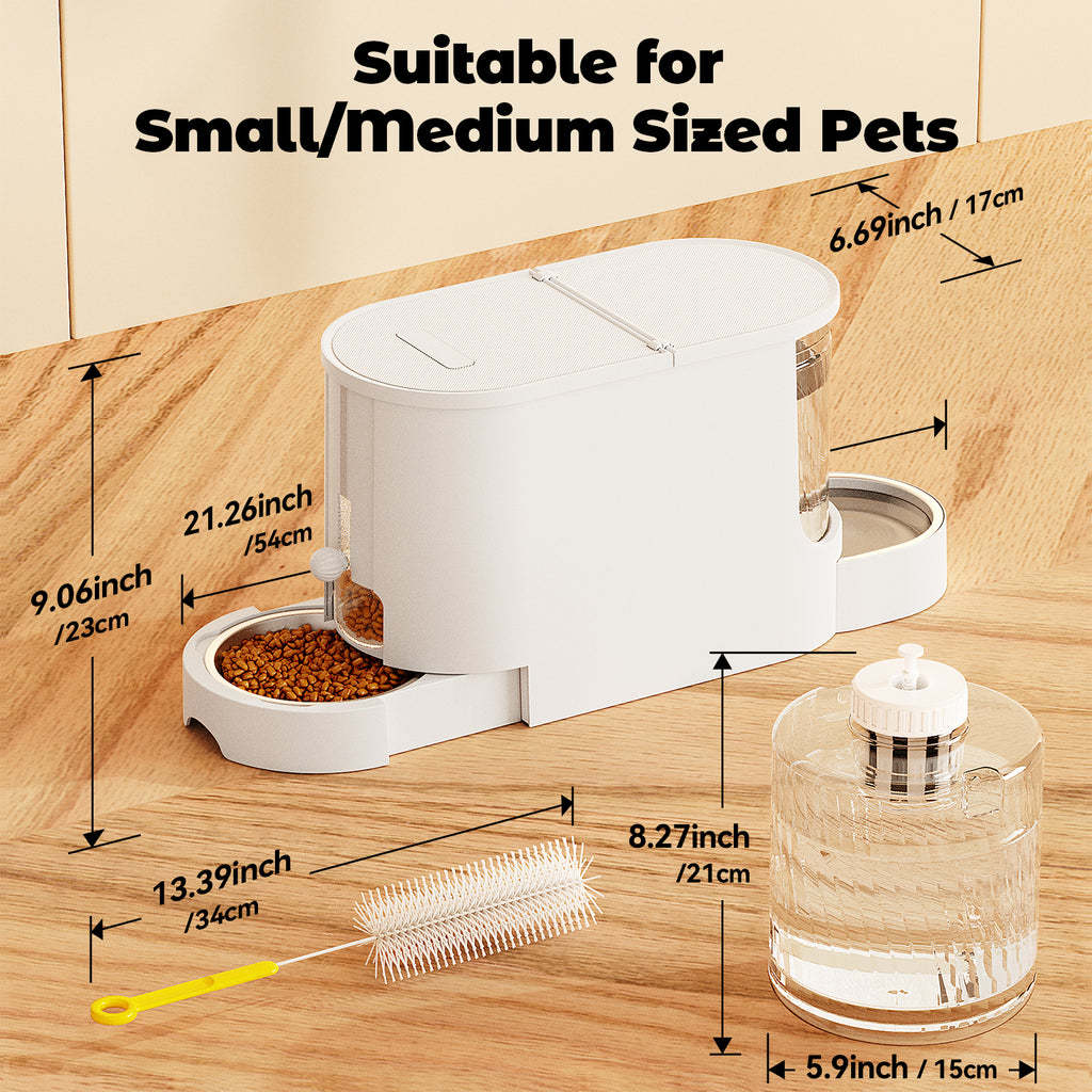 2-in-1 Automatic Cat Feeder Water Dispenser, Stainless Steel Bowls Large Capacity White