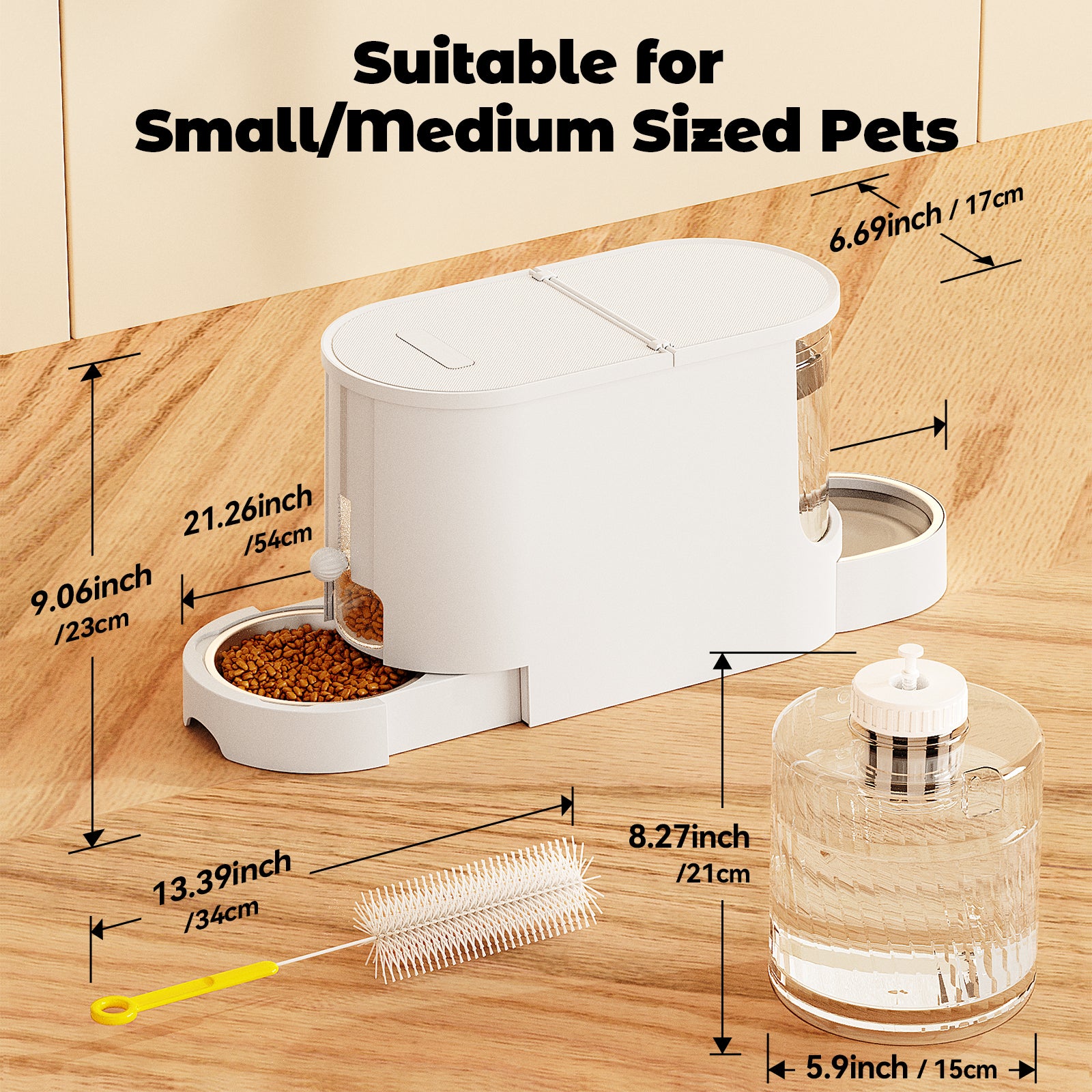 2-in-1 Automatic Cat Feeder Water Dispenser, Stainless Steel Bowls Large Capacity White