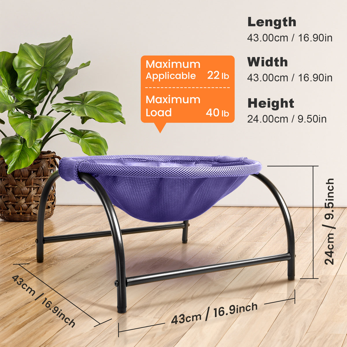 Elevated Cat Bed Hammock Whole Wash Stable & Breathable Easy Assembly Indoors Outdoors (Purple)