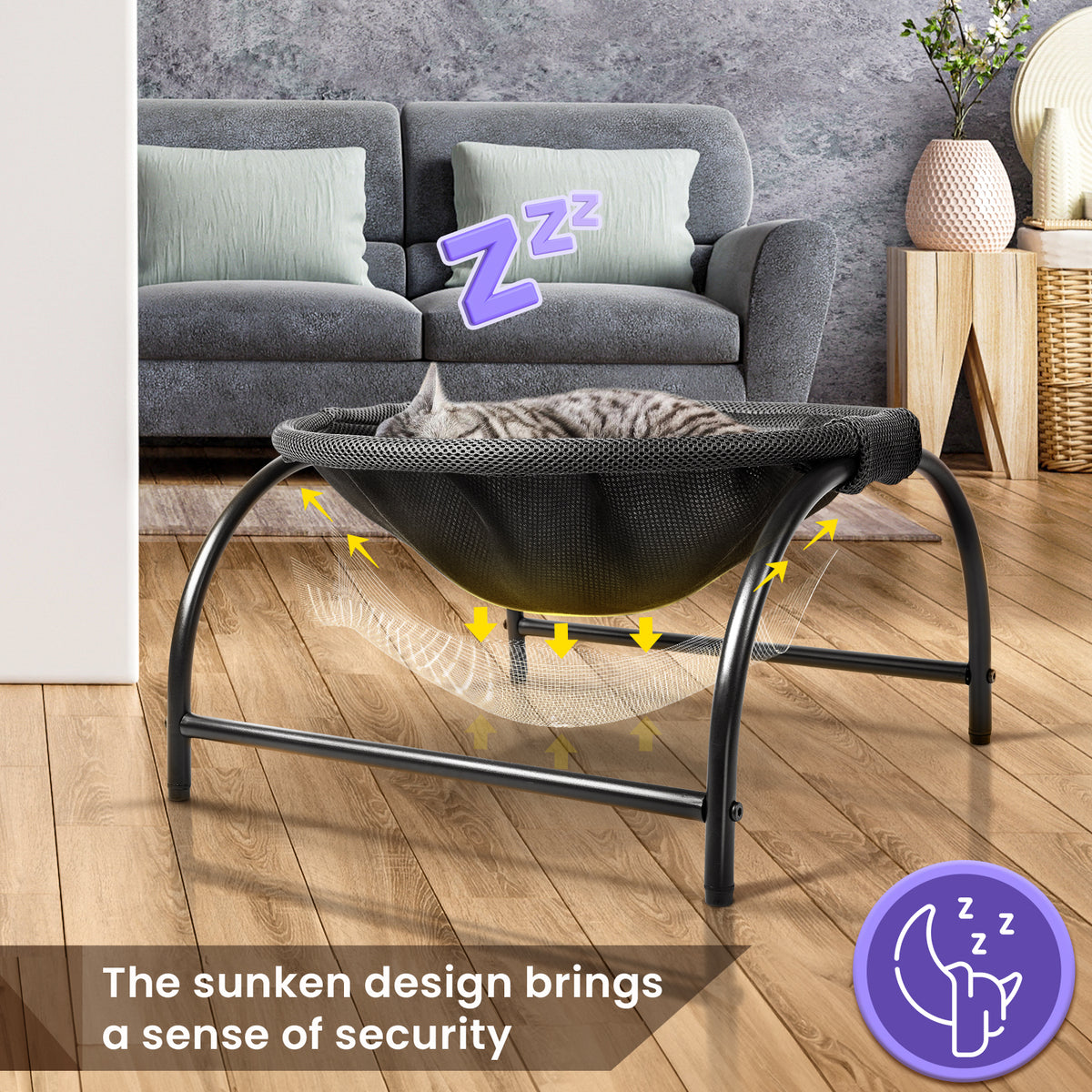 Elevated Cat Bed Hammock Whole Wash Stable & Breathable Easy Assembly Indoors Outdoors (Black)