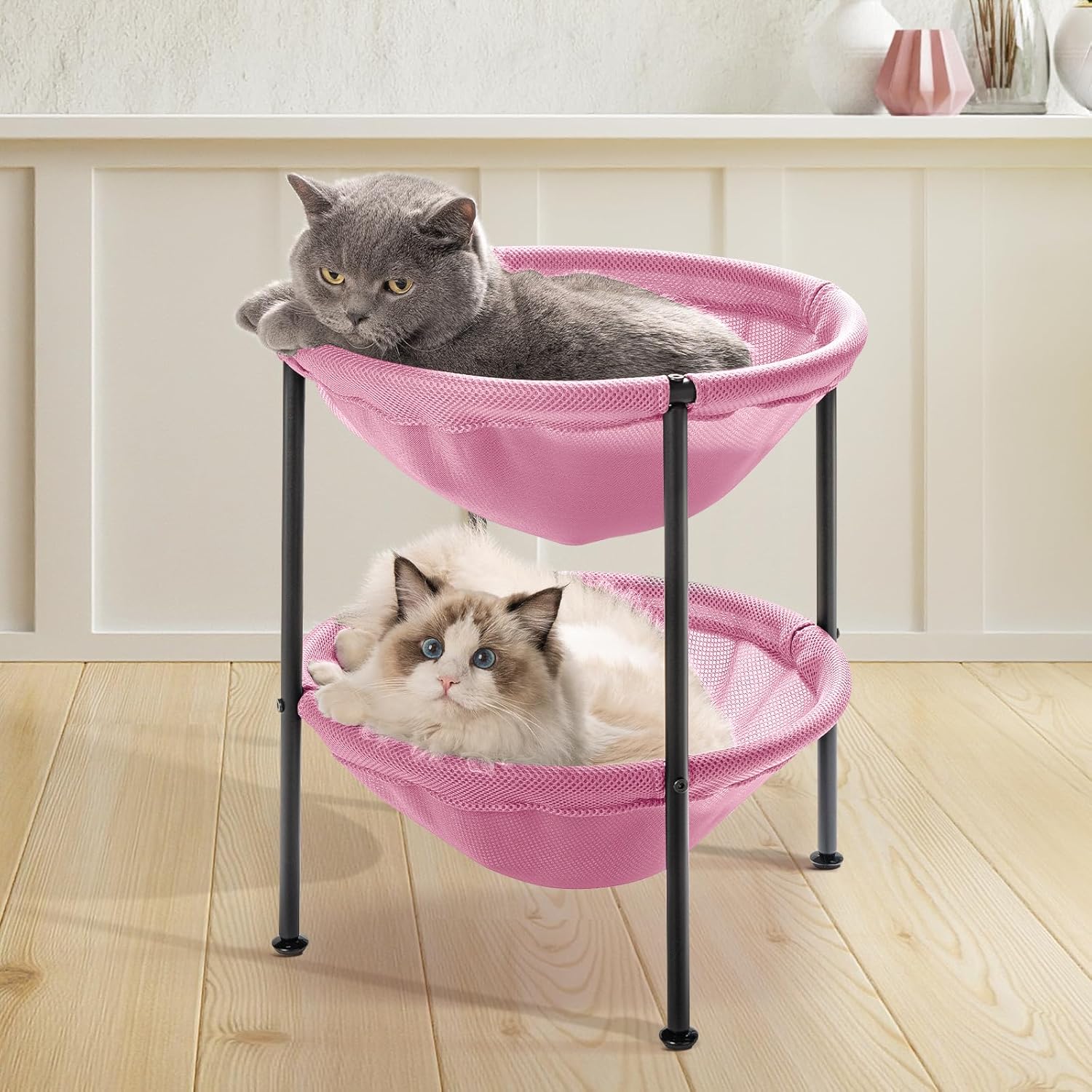 Double Cat Bed Hammock, Breathable Pet Bed with 4 Adjustable Feet & Anti-Slip Mats
