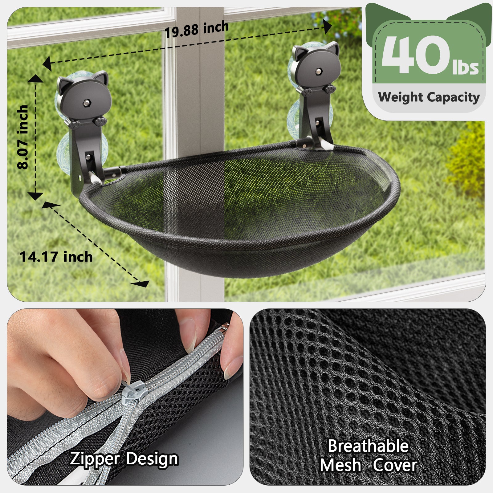 Cat Window Hammock Bed, Foldable Cordless Design Sturdy Perch for Indoor Cats Sunbathing, Holds 40 Pounds