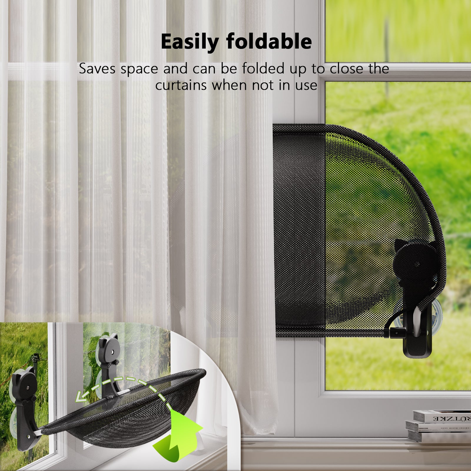 Cat Window Hammock Bed, Foldable Cordless Design Sturdy Perch for Indoor Cats Sunbathing, Holds 40 Pounds