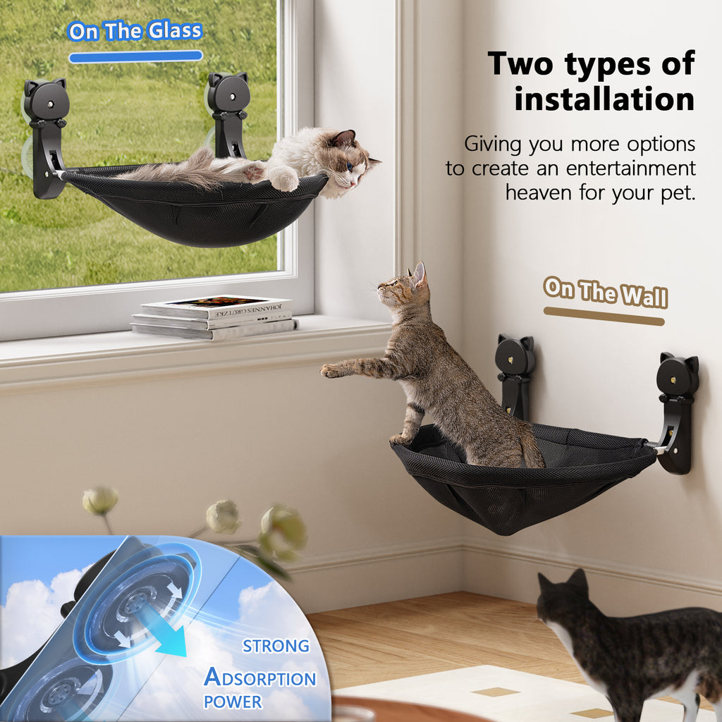 Cat Window Hammock Bed, Foldable Cordless Design Sturdy Perch for Indoor Cats Sunbathing, Holds 40 Pounds