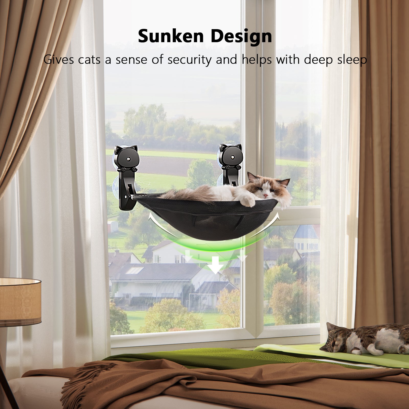 Cat Window Hammock Bed, Foldable Cordless Design Sturdy Perch for Indoor Cats Sunbathing, Holds 40 Pounds