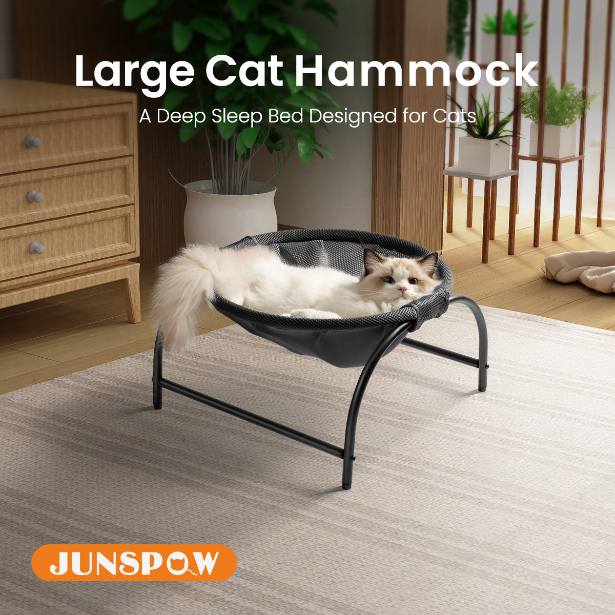 Elevated Cat Bed Hammock Whole Wash Stable & Breathable Easy Assembly Indoors Outdoors (Black)