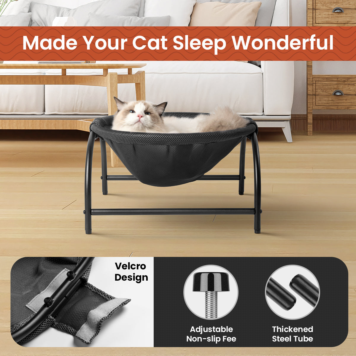 Elevated Cat Bed Hammock Whole Wash Stable & Breathable Easy Assembly Indoors Outdoors (Black)